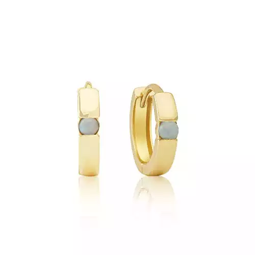 14k Yellow Gold Round Created Opal Small Huggie Hoop Earrings for Women with Channel Set and 2.5mm October Birthstone by MAX + STONE