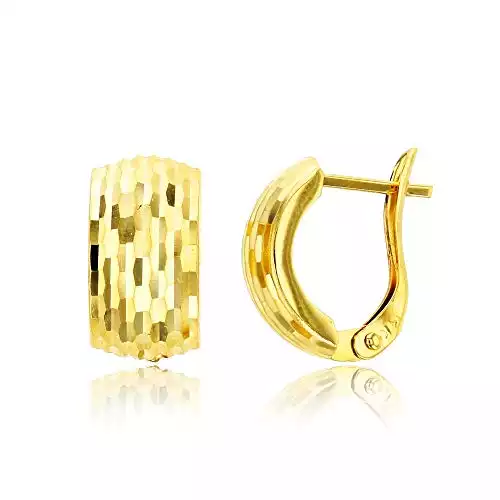 14K Yellow Solid Gold Wide Diamond Cut Wide Hoop Earring with Latch Back | Diamond Cut Hoop Earrings | Yellow Gold Huggie Hoop | 13x7mm | Solid Gold Earrings for Women and Girls
