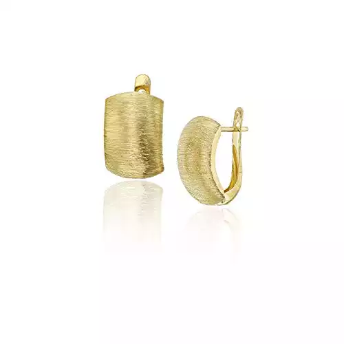 14K Yellow Gold 10.5X15mm Diamond Cut Textured Satin Latch Back Huggie Earring